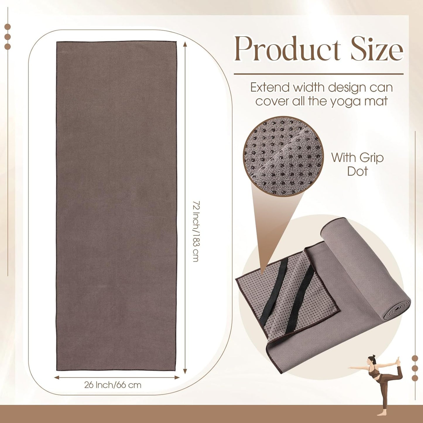 Hahafelt 3 Pack Hot Yoga Mat Towel Non Slip Microfiber Pilates Towel with Grip Dots & Elastic Straps, 72" x 26" Absorbent Sweat Anti-Slip Hot Yoga Gym Mat for Fitness Workout(Beige Dark Gray Coffee)