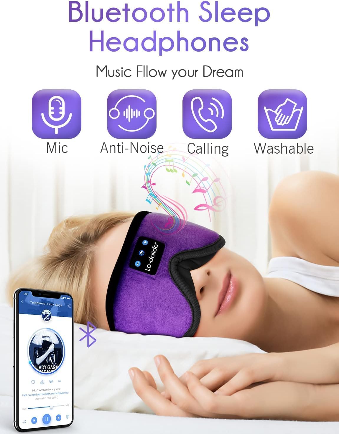 LC-dolida Sleep Headphones, 3D Sleep Mask Bluetooth Wireless Music Eye Mask, Sleeping Headphones for Side Sleepers Sleep Mask with Bluetooth Headphones Ultra-Thin Stereo Speakers Perfect for Sleeping