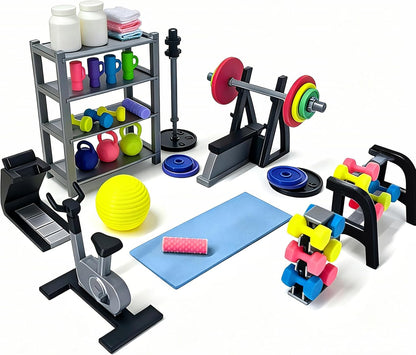 Miniature Gym Equipment Set, Plastic Mini House Fitness Accessories, Miniature Workout Room with Treadmill Exercise Bike Dumbbells for Miniature House Decor Micro Landscape DIY Crafts