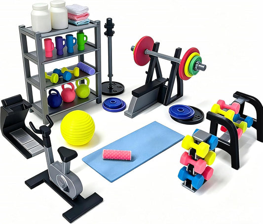 Miniature Gym Equipment Set, Plastic Mini House Fitness Accessories, Miniature Workout Room with Treadmill Exercise Bike Dumbbells for Miniature House Decor Micro Landscape DIY Crafts