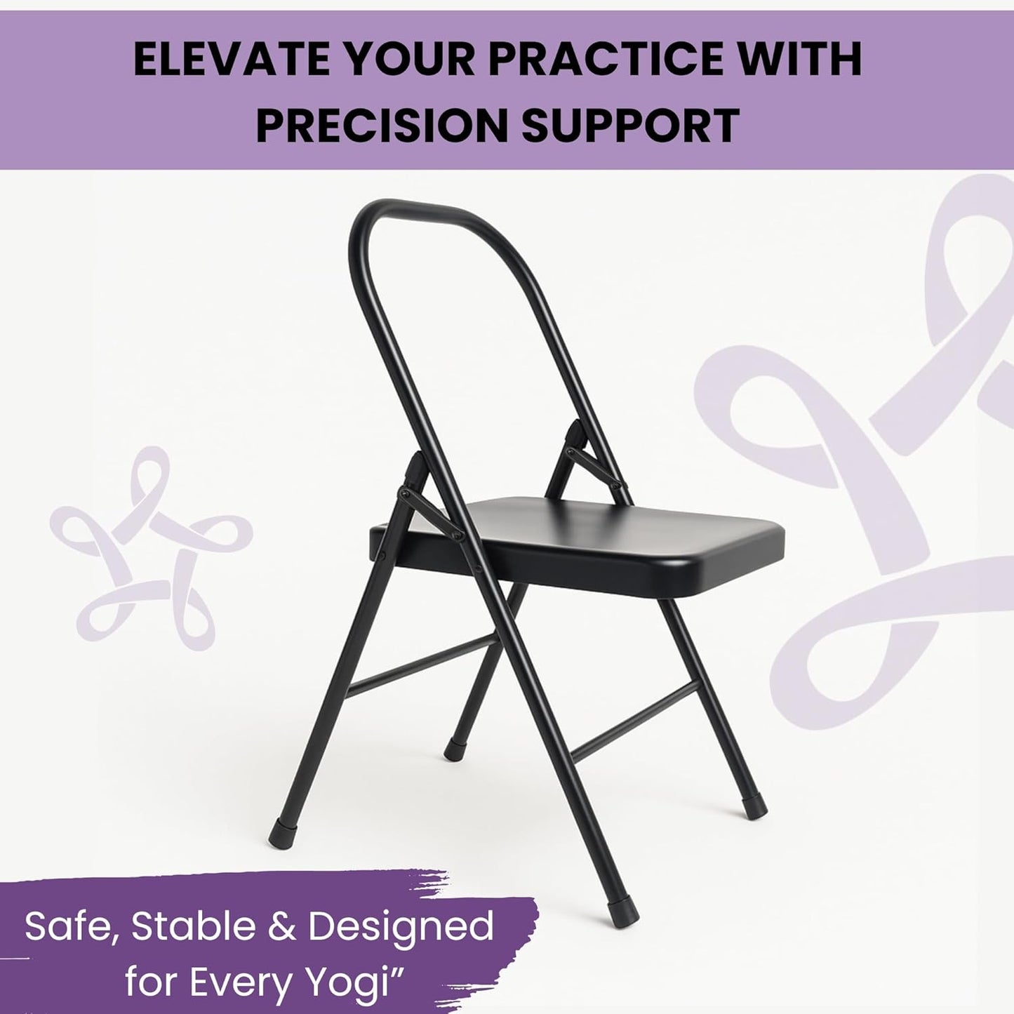Yogikuti Standard Yoga Chair – Backless Folding Chair for Iyengar & Restorative Yoga Practice, Sturdy Metal Frame Chair for Support, Balance, Stretching, Meditation & Therapy Exercises (Black)