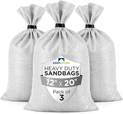 Heavy Duty Sand Bags Pack of 3, White Empty Sandbags with Built-In Ties, Woven Polypropylene UV Protection 1600 Hours, Fillable Sand Bags for Flood Control, Weight, 10x14 inches, 15 Pounds Volume