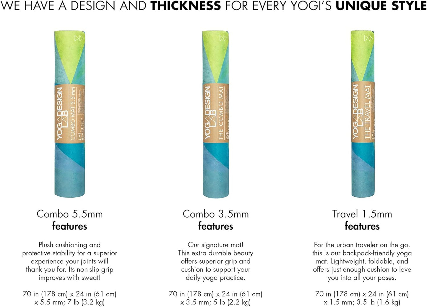 YOGA DESIGN LAB | Travel Yoga Mat | 2-in-1 Mat+Towel | Lightweight, Foldable, Eco Luxury | Ideal for Hot Yoga, Bikram, Pilates, Barre, Sweat | 1.5mm Thick | Includes Carrying Strap!