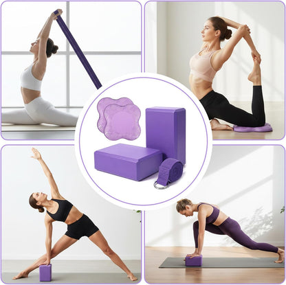 5 Pcs Yoga Blocks Knee Pads Yoga Strap Set, Soft Premium Foam Blocks Accessories for Pilates Meditation General Fitness Stability, Kneeling, Balance, Deepen Stretches and Toning (Purple)