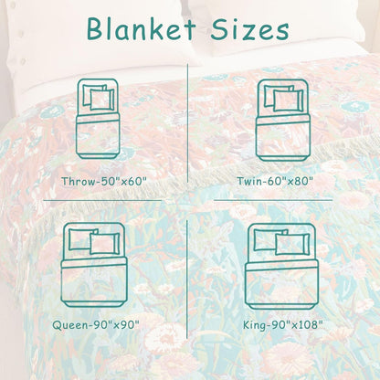 Boho Throw Blanket - 100% Cotton Soft Summer Throw Blanket for Bed, 50"x60" Reversible Breathable Lightweight Blankets, All Seasons Farmhouse Decor Floral Plant Butterfly Throw Quilt