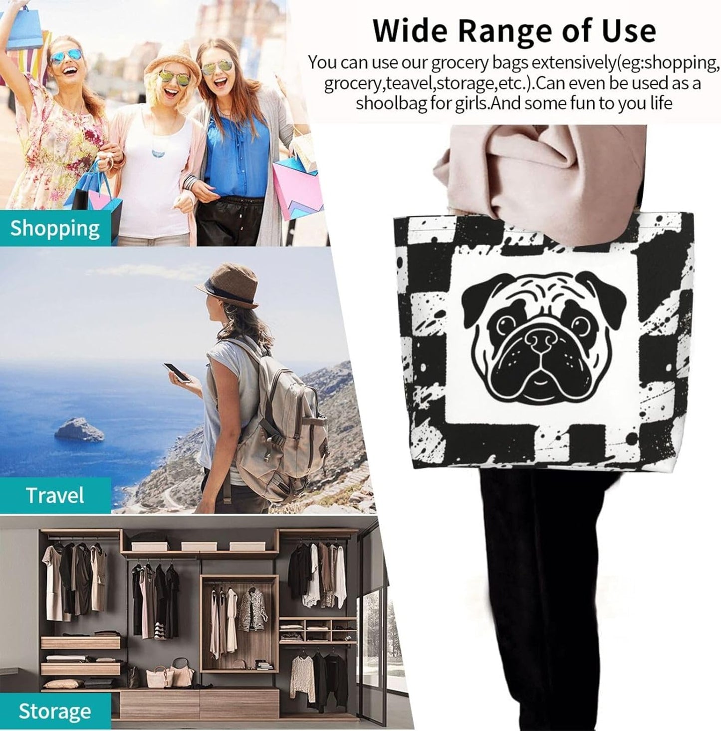 Tote Shoulder Bag Large Durable Reusable Eco-friendly Handbag Lightweight Stylish for Daily Use-19.7x15.7x5.9 Inch - Colors B