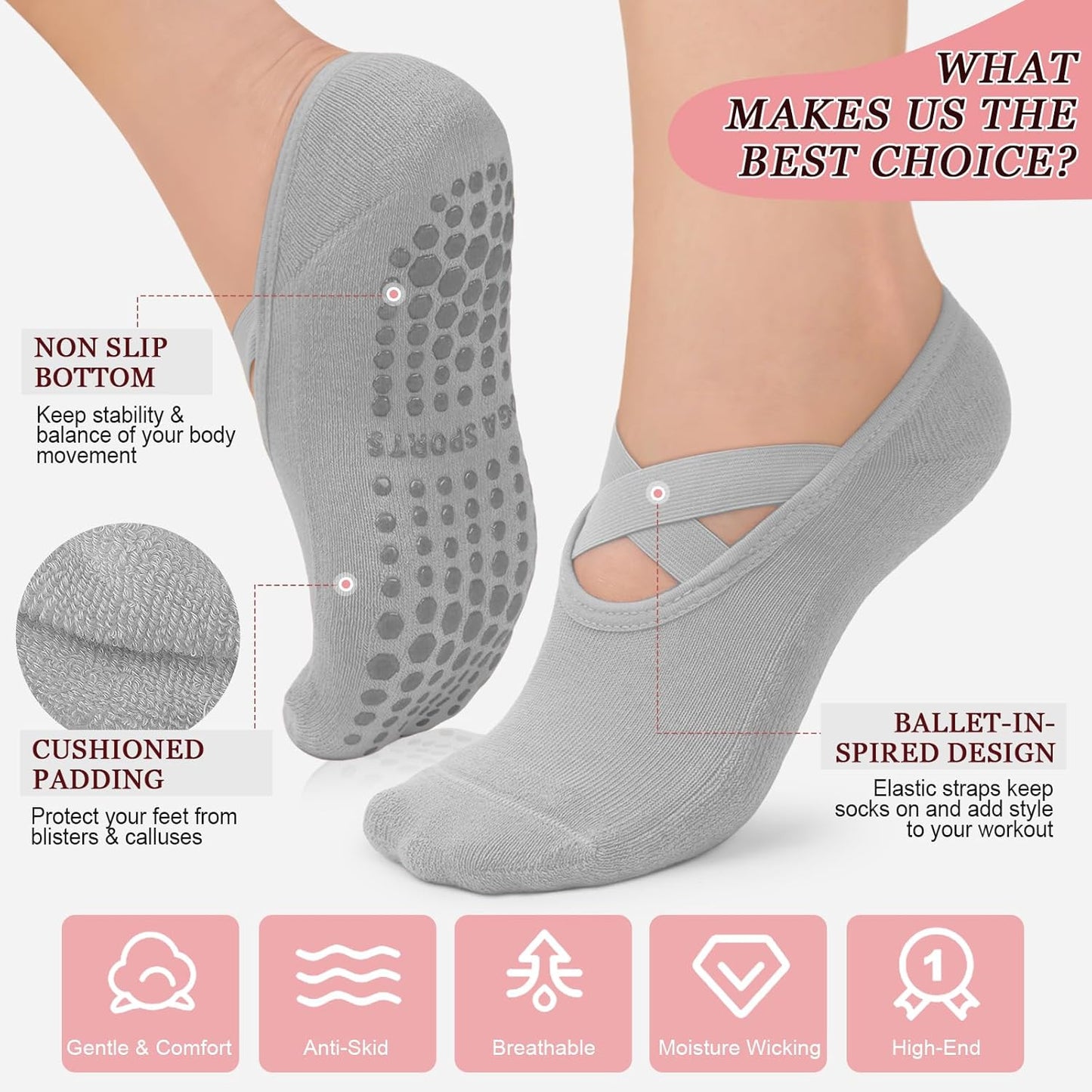 yeuG Pilates Socks for Women Non Slip Grip Socks for Yoga, Barre, Hospital, Barefoot Grippy Yoga Sock Womens Gifts 4 Pairs