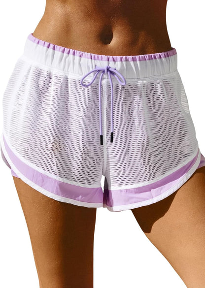 Fisoew Women Athletic Shorts 2 in 1 Running High Split Color Block Workout Yoga Mesh Shorts Pocket Drawstring