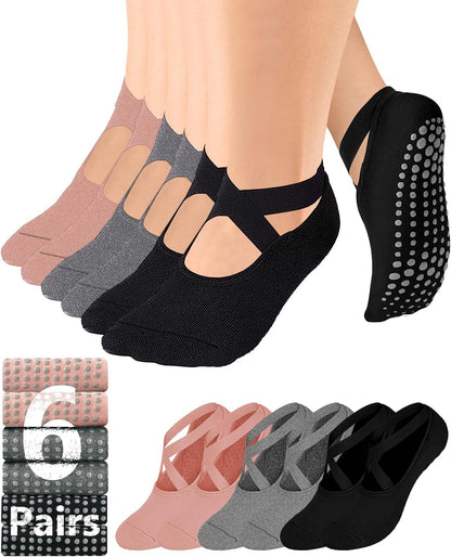 AURUZA Pilates Grip Socks for Women Non Slip Skid Yoga Socks with Grips Straps for Ballet Dance Workout Gripper Sock