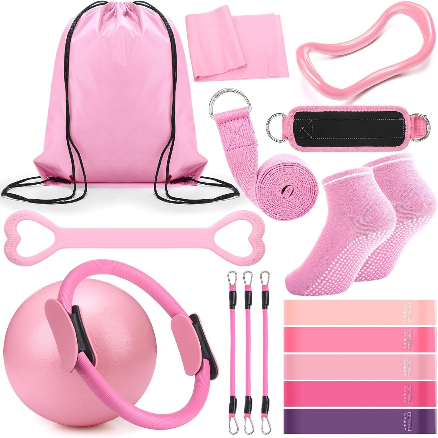 RoundFunny Pilates Ring Circle Set 18 Pcs Exercise Equipment Accessories for Women Workouts Pilates Ball Stretching Strap Magic Circle Yoga Ring Gym Back Bag Resistance Band Anti Slip Socks