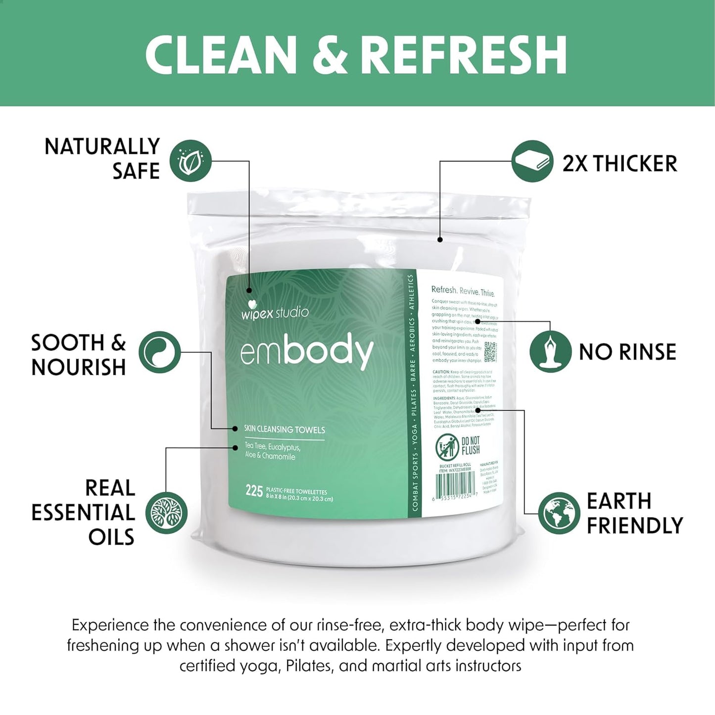 Wipex Embody Body Wipes - Large Plant-Based Cloth with Tea Tree Oil for Quick Clean Up, Ideal for Athletes, Yoga, Gym, Wrestling, Team Sports & Adults, Fitness Equipment Cleaner, 225 Count