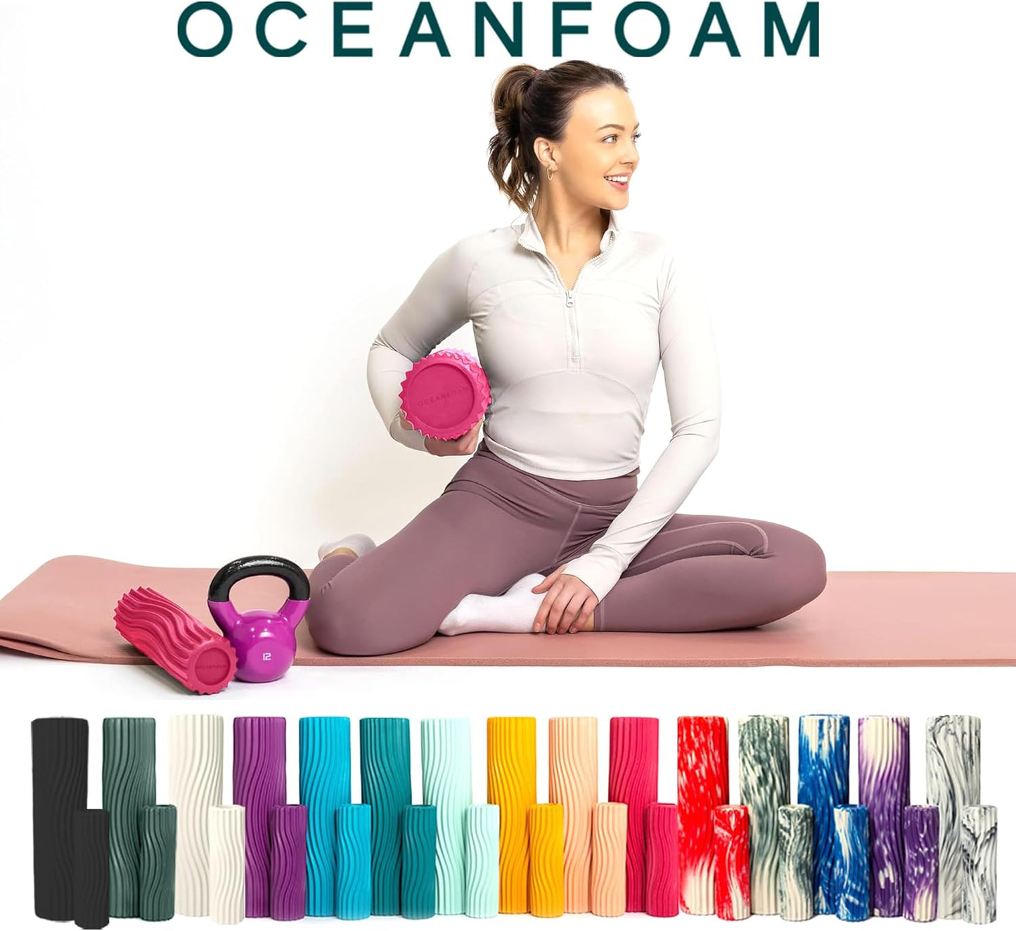 Oceanfoam Ripple Travel Foam Roller (11" x 3.35") Firm Mini Foam Roller for Physical Therapy, Deep Tissue Massage, Back Pain - High Density, Ergonomic Wave Textured - Yoga, Pilates, Exercise (Natural) - Colors A