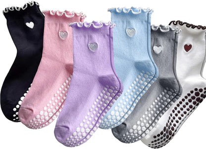 Grip Socks Pilates,4/6Pairs Cotton Cute Pilates Socks for Women, Ruffle Grippy Sock for Yoga Barre Hospital 5-10in