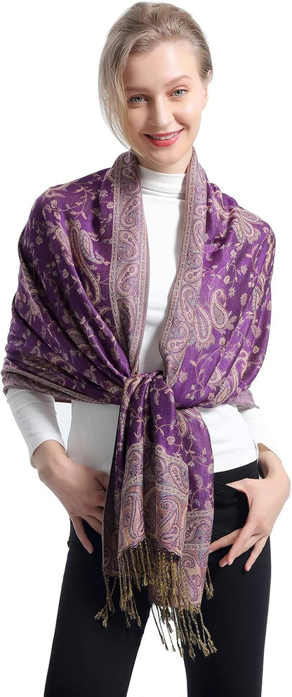 Ciormis Two Tone Silky Paisley Pashmina Shawl Scarf,Soft Women's Rave Jacquard Pashminas Wrap Scarves
