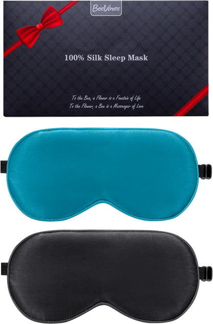 BeeVines 100% Real Mulberry Silk 2 Pack Sleep Mask, Natural Pure Silk Eye Masks with Adjustable Strap for Sleeping, 100% Block Light Eye Sleep Shade Cover, Reduces Puffy Eyes Traveling Gifts