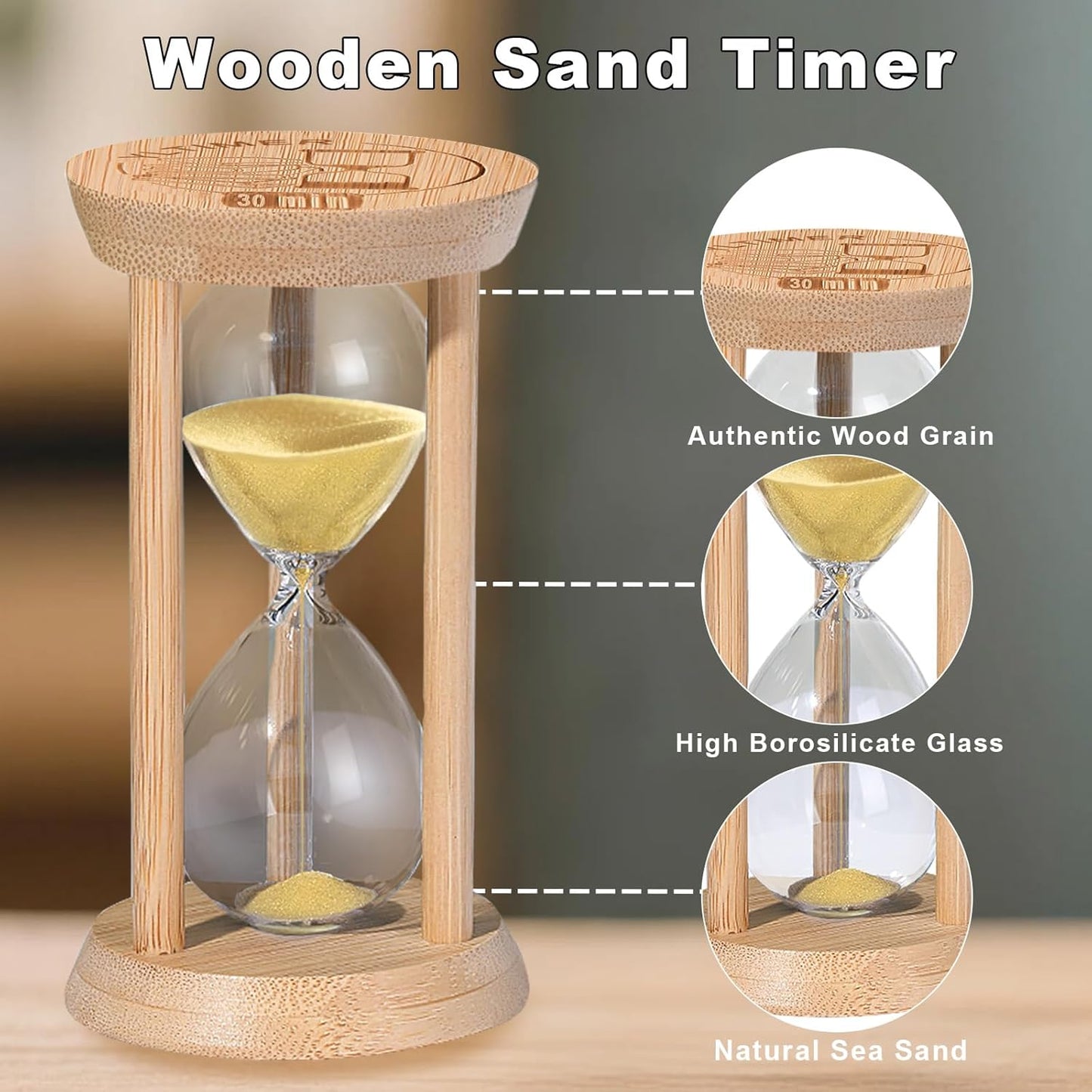 20 Minute Wooden Sand Timers,Large Bamboo Gold Sand Hourglass for Productivity, Meditation & Decor, 20 Min Reloj De Arena Sand Watch for Kitchen, Office, Game, Classroom, Yoga