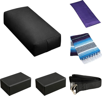 Sunshine Yoga 6-Pack Restorative Yoga Kit, 1 Yoga Bolster (24" x 12" x 6"), 2 Yoga Blocks (4" x 6" x 9"), 1 6ft D-Ring Yoga Strap, 1 Mexican Yoga Blanket, and 1 Unscented Sateen Eye Pillow