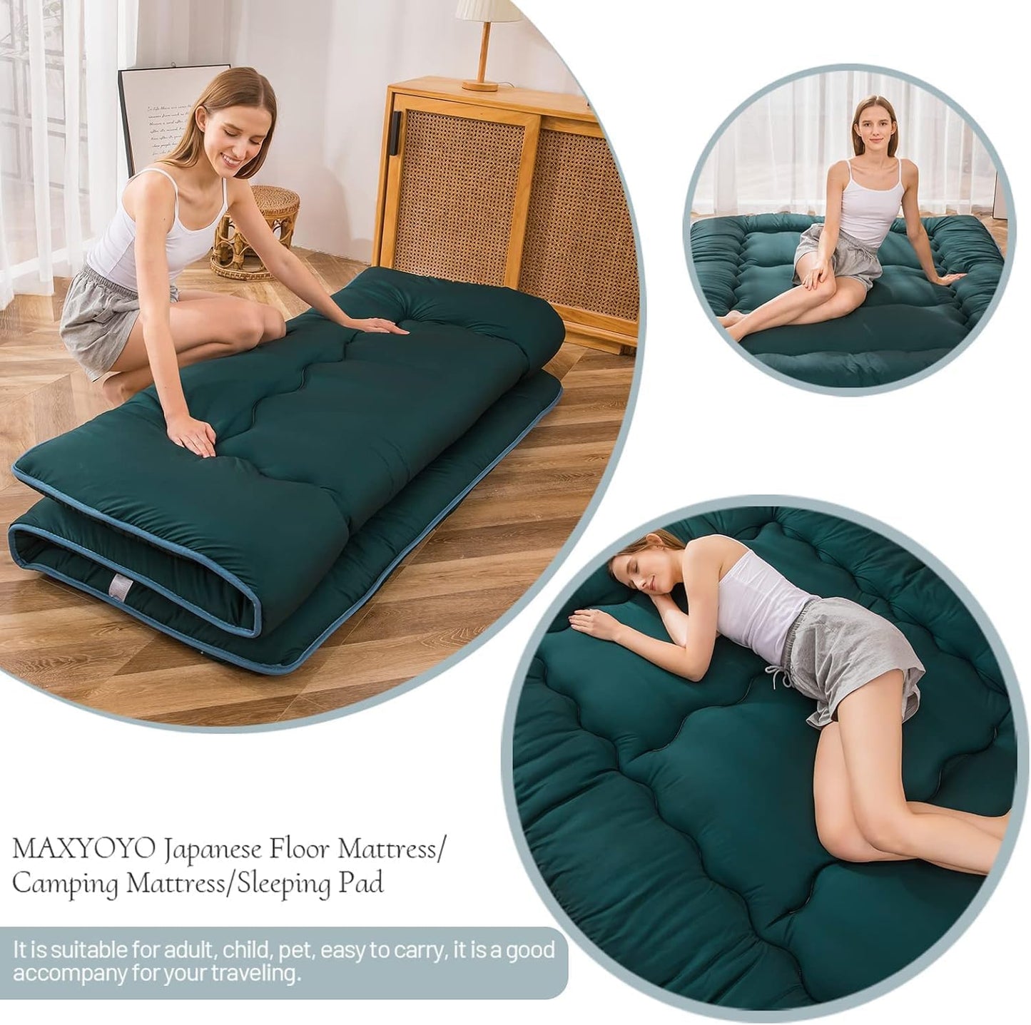 MAXYOYO Bohemian Retro Mattress Boho Floral Japanese Futon Mattress Tatami Floor Mat Foldable Portable Camping, Sleeping Pad, Lounger Couch Bed Full Size