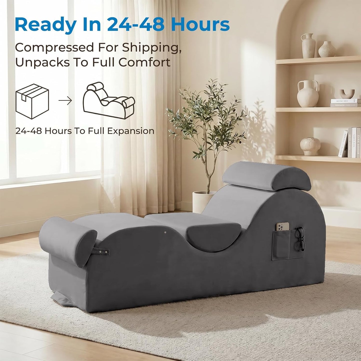 Mjkone Velvet Yoga Chair, Yoga Chaise Lounge Chair Indoor with Side Pockets, Headrest, Waist Cushion, Movable Footrest, Curved Sofa Chair for Relaxation Stretching for Bedroom, Black
