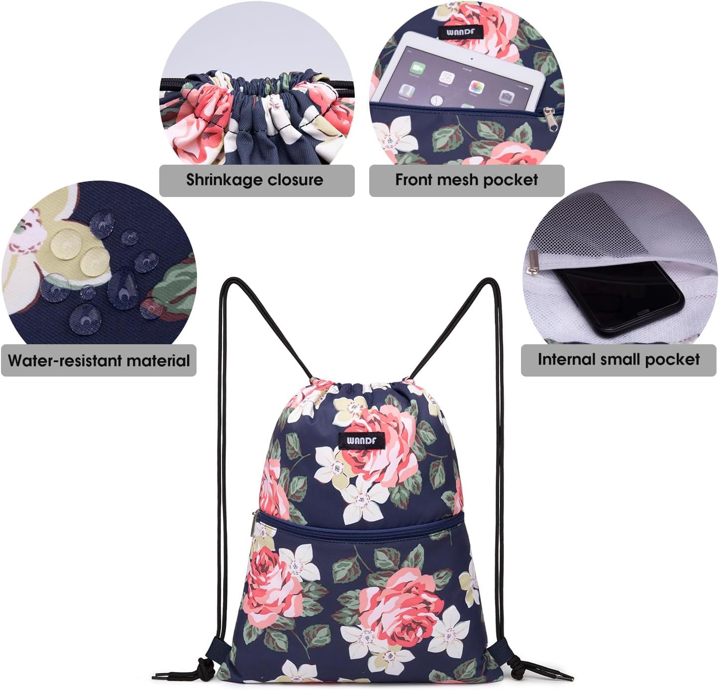 WANDF Drawstring Backpack String Bag Sackpack Cinch Water Resistant Nylon for Gym Shopping Sport Yoga (Black)