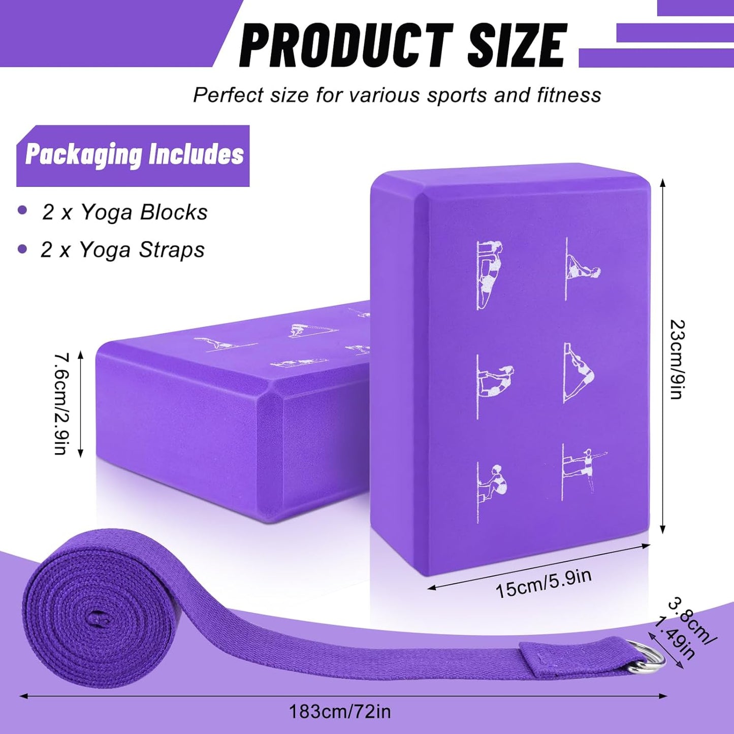 RETON 2 Pack Yoga Blocks and 2 Yoga Straps Set, Soft Non-Slip Yoga Block for Pilates, High Density EVA Foam Yoga Brick with Yoga Strap for General Fitness, Stretching, Improve Strength and Flexibility