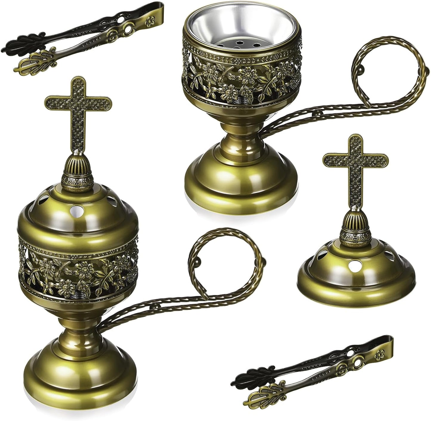 Zonon 1 Set Incense Burner with Tong, Frankincense Charcoal Incense Stand Holder, Ideal for Yoga, Spa, Aromatherapy, Home and Christian Church Censer (Gold,Retro)