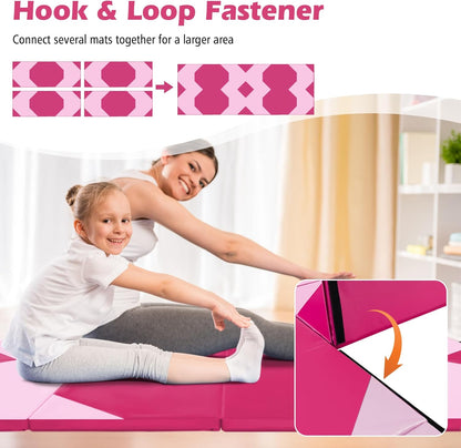 Giantex 4'x10'x 2" Gymnastics Mat, 4-Panel Folding Aerobics Exercise Mat w/Hook & Loop Fastener, Carrying Handle, Portable Tumbling Mat for Stretching Yoga Cheerleading Martial Arts