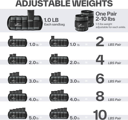 Sportneer Adjustable Ankle Weights Set - 1 Pair (2-10 lbs) Removable Sandbags for Women & Men, Comfortable Neoprene Leg Weights for Walking, Running, Pilates, Yoga, Home Workout & Physical Therapy