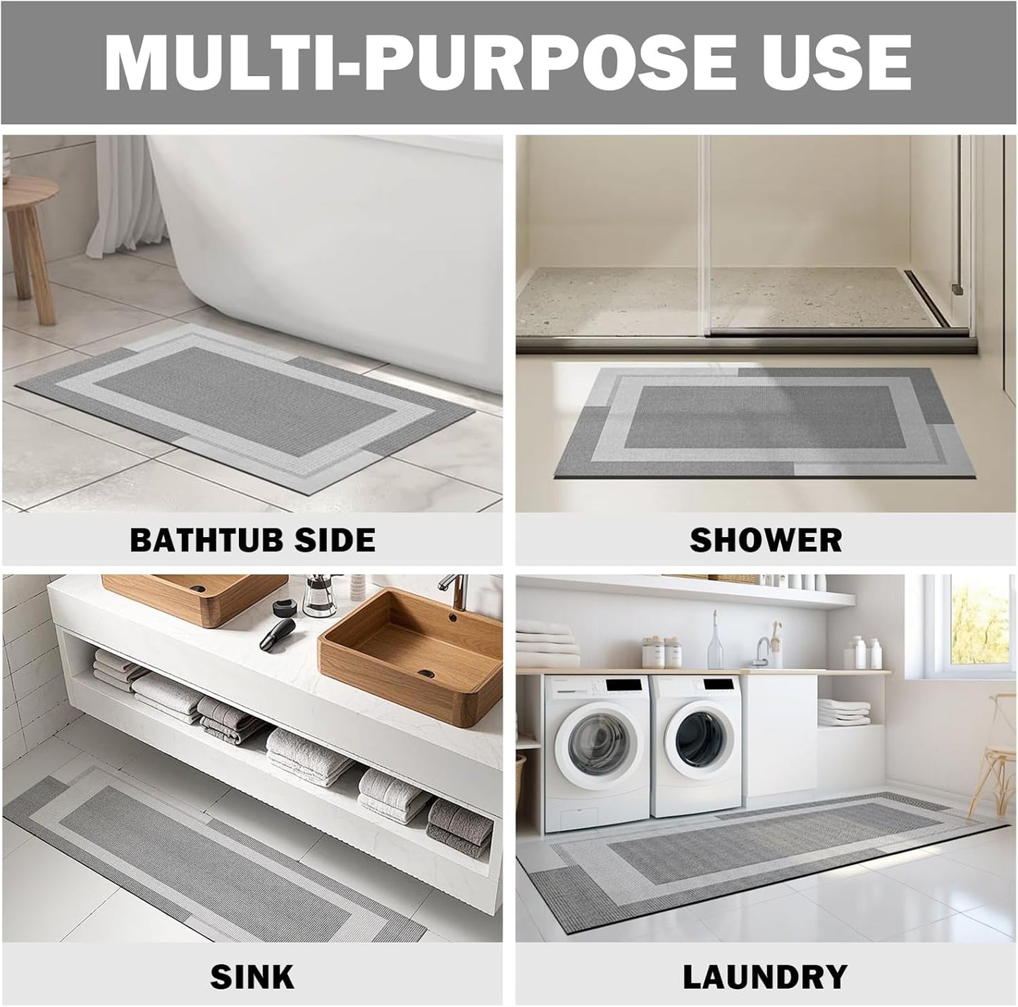 YDKGL Non Slip Long Bath Mat Bathroom Runner, Rubber Backing Ultra Thin Bathroom Rugs Fit Under Door Quick Dry Super Absorbent Washable Bath Rug Shower Mat for Bathtub Sink Floor, Dark Gray 17"x47"