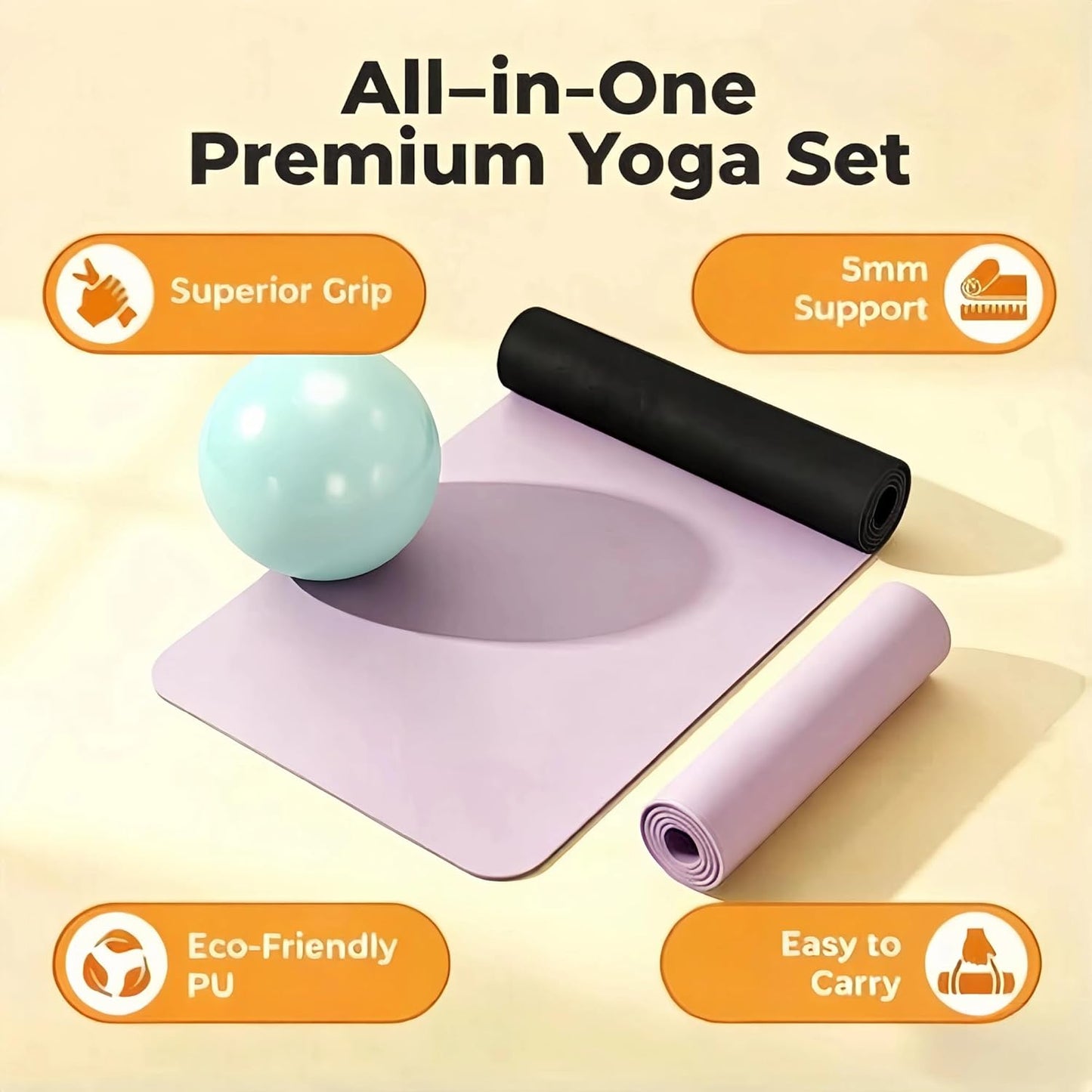 Grip Yoga Mat 5mm Non-Slip PU Natural Rubber Surface, Premium Fitness Mat for Hot Yoga, Pilates, for Women and Men