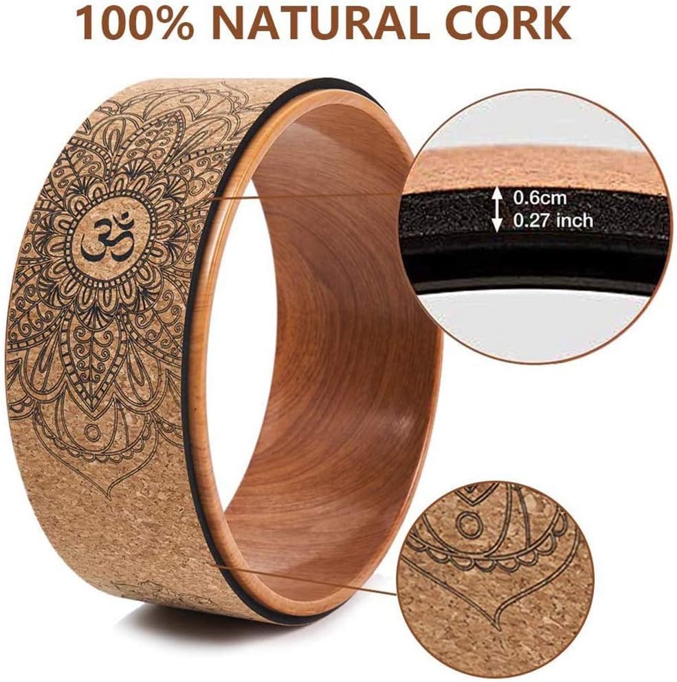 Cork Yoga Wheel, 13" Diameter, 5" Width, Up to 500 lbs Capacity, Wood-Effect & Mandala Print, Yoga Prop Wheel