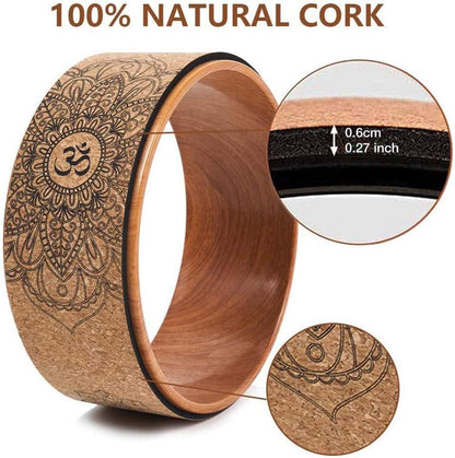 Cork Yoga Wheel, 13" Diameter, 5" Width, Up to 500 lbs Capacity, Wood-Effect & Mandala Print, Yoga Prop Wheel