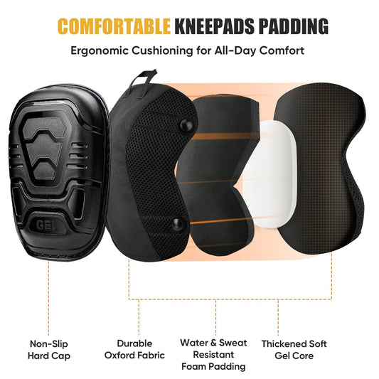 TICONN Gel Knee Pads for Work, Professional Heavy Duty Work Knee Pads for Men with Soft Foam and Gel Cushion for Men Construction, Garden, Flooring (Black/Grey)