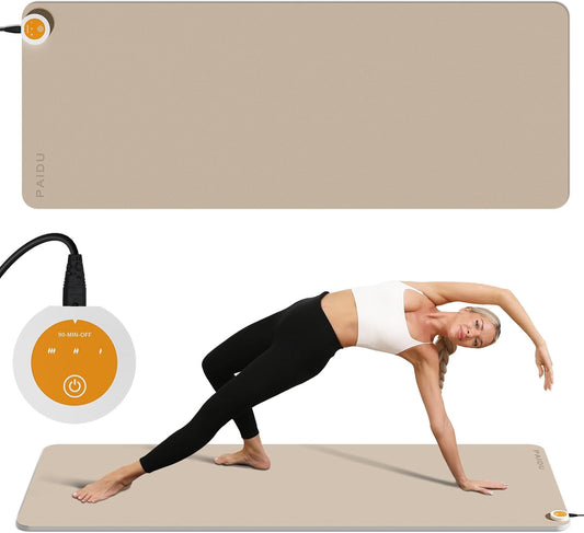 PAIDU Heating mat, Adjustable Temperature Heated Floor mat, Extra Large Anti Slip Electric Heating Yoga mat,Foot Warmer,Winter 120V Heated Rug Suitable for Yoga, Pilates,Exercise (Beige+Black)