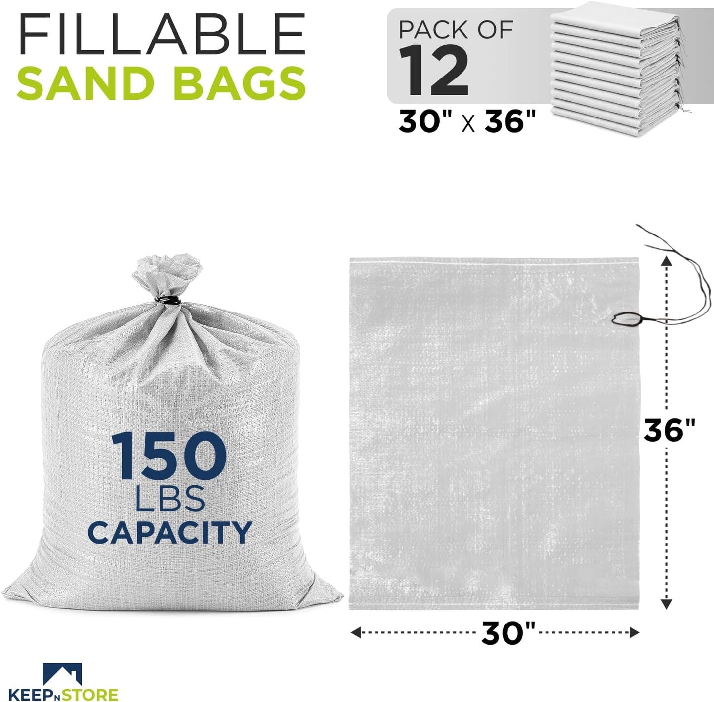 Heavy Duty Sand Bags Pack of 3, White Empty Sandbags with Built-In Ties, Woven Polypropylene UV Protection 1600 Hours, Fillable Sand Bags for Flood Control, Weight, 10x14 inches, 15 Pounds Volume