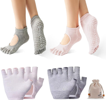 2 Pairs Non Slip Yoga Gloves Socks Set, Women Fingerless Gym Gloves and Pilates Socks for Fitness Exercise Yoga