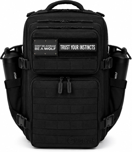 WOLFpak 35L Tactical Gym Backpack (Alpha Black) Durable 1000D Waterproof Oxford Material with MOLLE Webbing, Laptop Pocket & Dual Cup Holders, Durable Fitness/Travel/Military Daypack