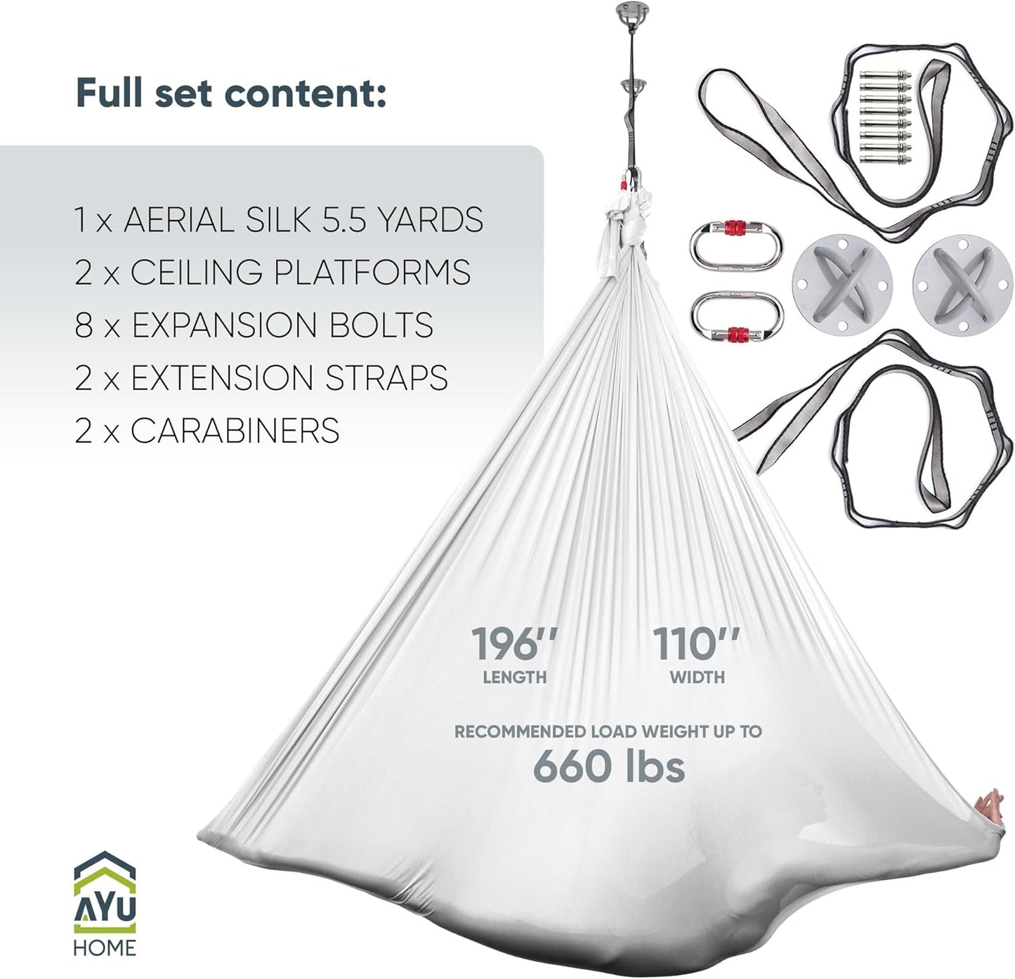 AyuHome Aerial Silks Kit for Home - Premium Yoga Swing for Kids and Adults with 660 lbs Capacity - Versatile Aerial Yoga Hammock for Gymnastics Training