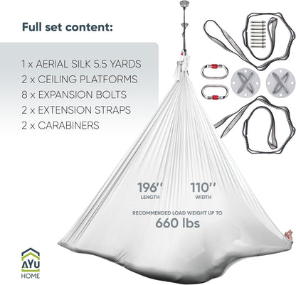 AyuHome Aerial Silks Kit for Home - Premium Yoga Swing for Kids and Adults with 660 lbs Capacity - Versatile Aerial Yoga Hammock for Gymnastics Training