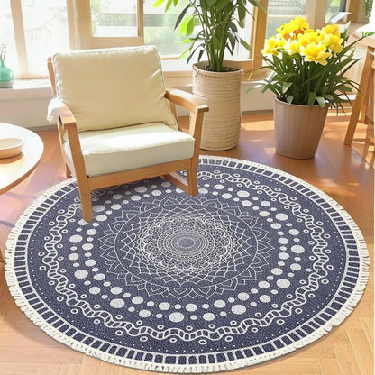 Boho Rug 5Ft Round Bedroom Carpet Circle Nonslip Farmhouse Area Rug Rustic Mandala Floor Mat for Living Room Locker Room Tassel Yoga Throw Rugs Washable Doormat, Purple