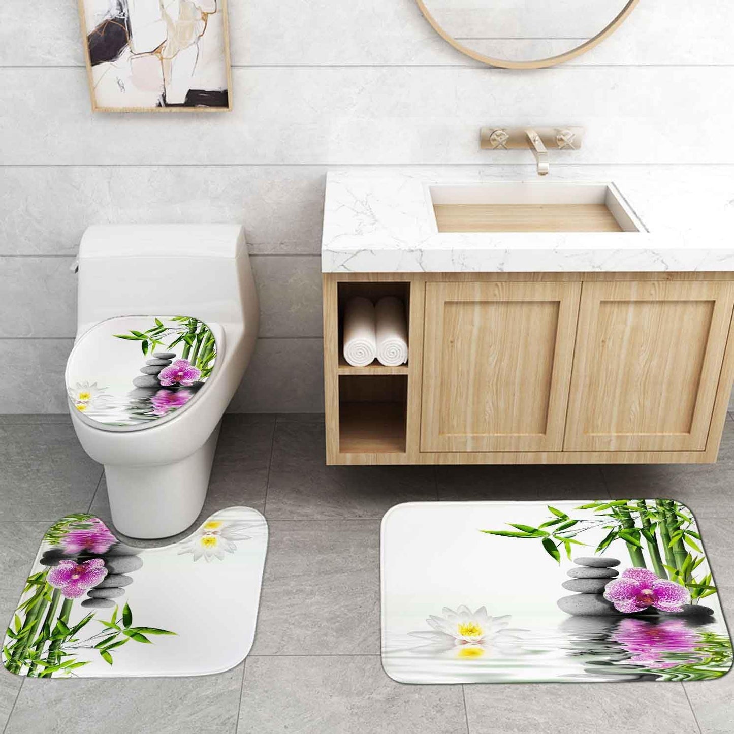 4PCS Spa Zen Shower Curtain Sets with Rugs, White Shower Curtain, Pink Floral Orchid Lotus Water Lily Stone Bamboo Water Reflection Yoga Massage Relaxing Spiritual Meditation Bathroom Decor