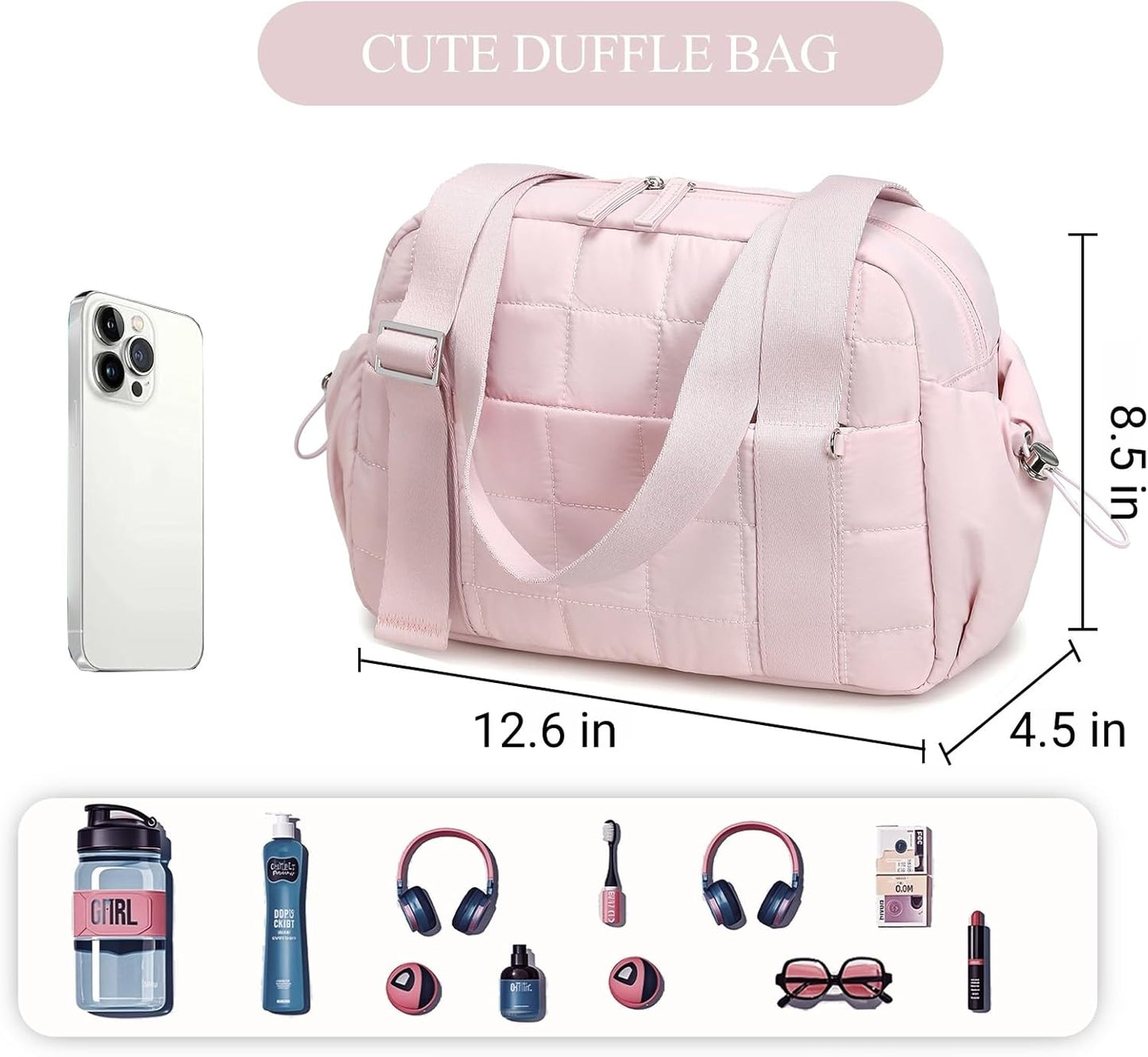 CAMTOP Mini Gym Bag for Women, Small Gym Tote Bag Puffy Quilted Sports Duffel Bag with Wet Compartment and Coin Purse Duffel Bags Dance Yoga Workout Bag for Gifts (All Black, Mini-12.6")