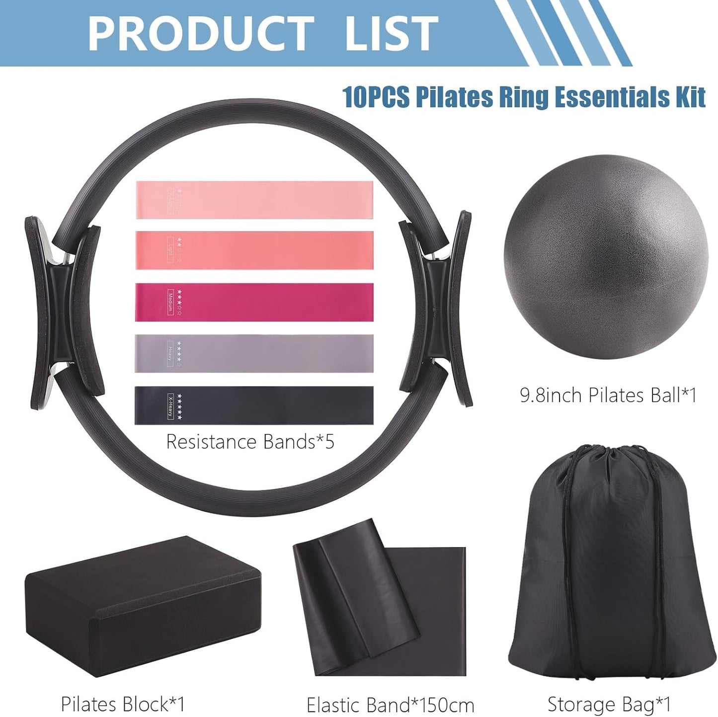10 Pcs Pilates Equipment Present Pilates Ring Set with Yoga Ring Ball Stretching Strap Risistance Bands Block Gym Bag