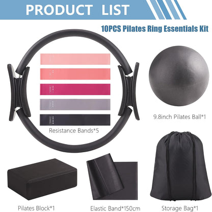 10 Pcs Pilates Equipment Present Pilates Ring Set with Yoga Ring Ball Stretching Strap Risistance Bands Block Gym Bag