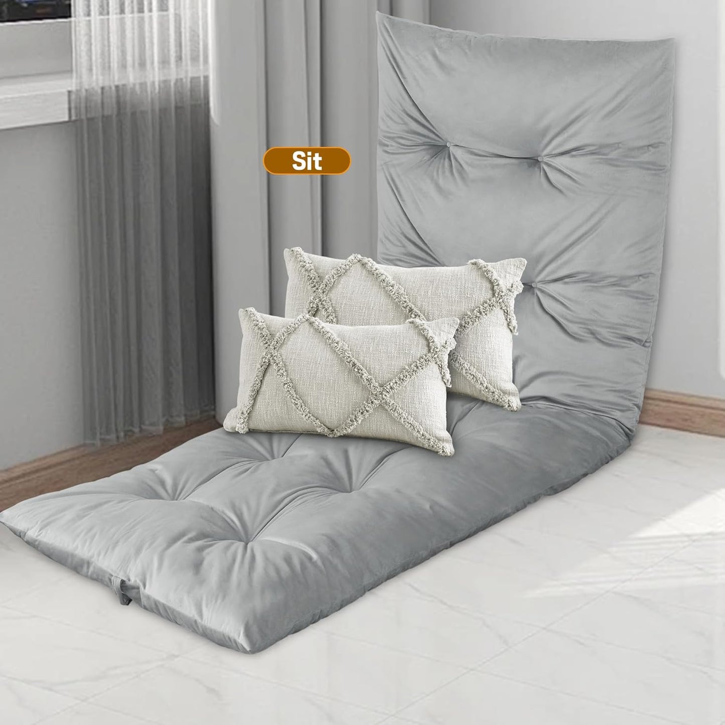 BALAPET Floor Lounger Pillow,Foldable Light Thick Tufted Floor Pillow Cushion with Elasticized Webbing for Easy Storage Floor Lounger for Meditation, Playing, Yoga, Reading, Sleeping(Beige White)