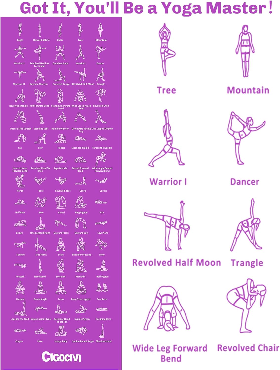 Instructional Travel Yoga Mat with 75 Asanas Poses & Exercises - Exercise Mat for Home Workout, Includes Carrying Bag, 68"x24"x0.25"