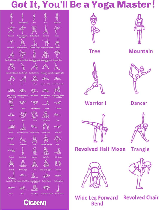 Instructional Travel Yoga Mat with 75 Asanas Poses & Exercises - Exercise Mat for Home Workout, Includes Carrying Bag, 68"x24"x0.25"