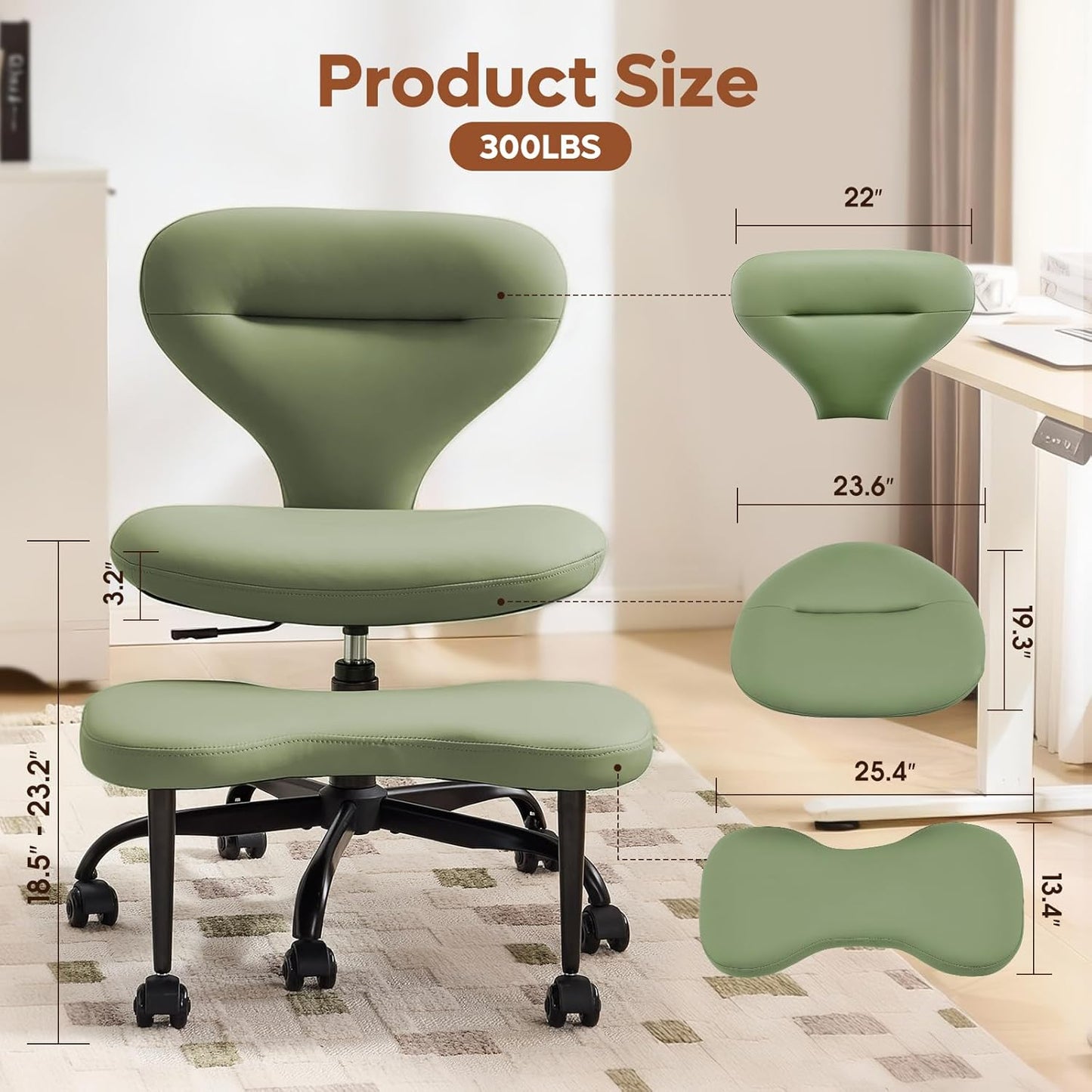 YFO Ergonomic Cross Legged Office Chair and ADHD Meditation Chair with Silent Wheels for Home Office Desk Chair and Yoga, Wider Backrest Support and Storage Pockets Design, PU Leather, Cream
