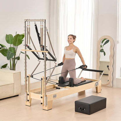 VEVOR Pilates Reformer, Reformer Pilates Machine with Cadillac Trapeze Table or Tower & Mat, Pilates Equipment for Home Workout and Studio, Includes Jump Board，Sitting Box