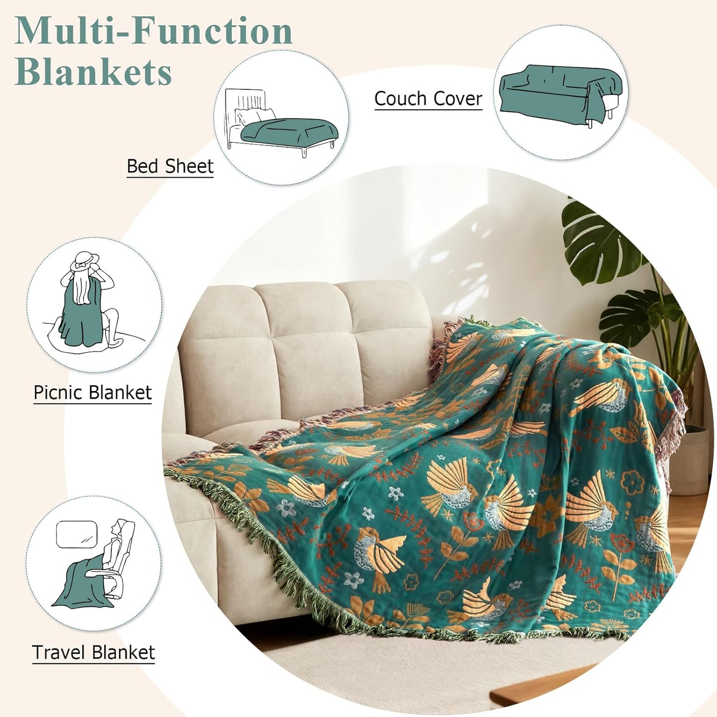 Boho Throw Blanket - 100% Cotton Soft Summer Throw Blanket for Bed, 50"x60" Reversible Breathable Lightweight Blankets, All Seasons Farmhouse Decor Floral Plant Butterfly Throw Quilt
